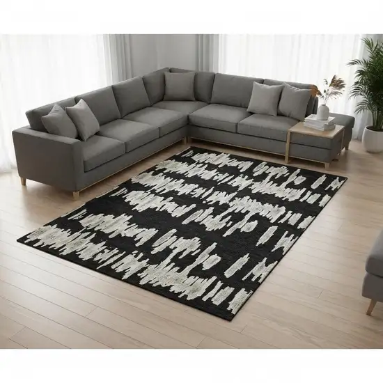 Black And Ivory Striped Washable Area Rug With UV Protection Photo 2