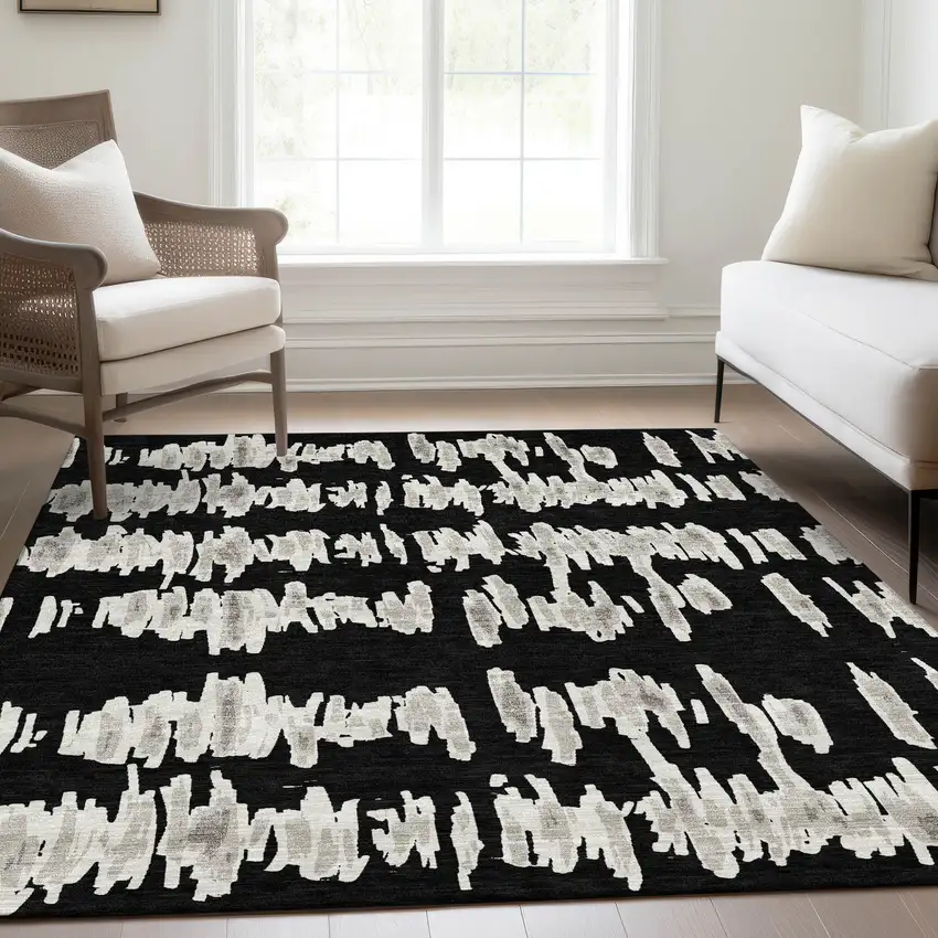 Black And Ivory Striped Washable Area Rug With UV Protection Photo 6