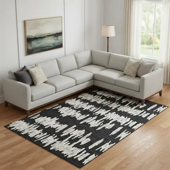 Black And Ivory Striped Washable Area Rug With UV Protection Photo 1