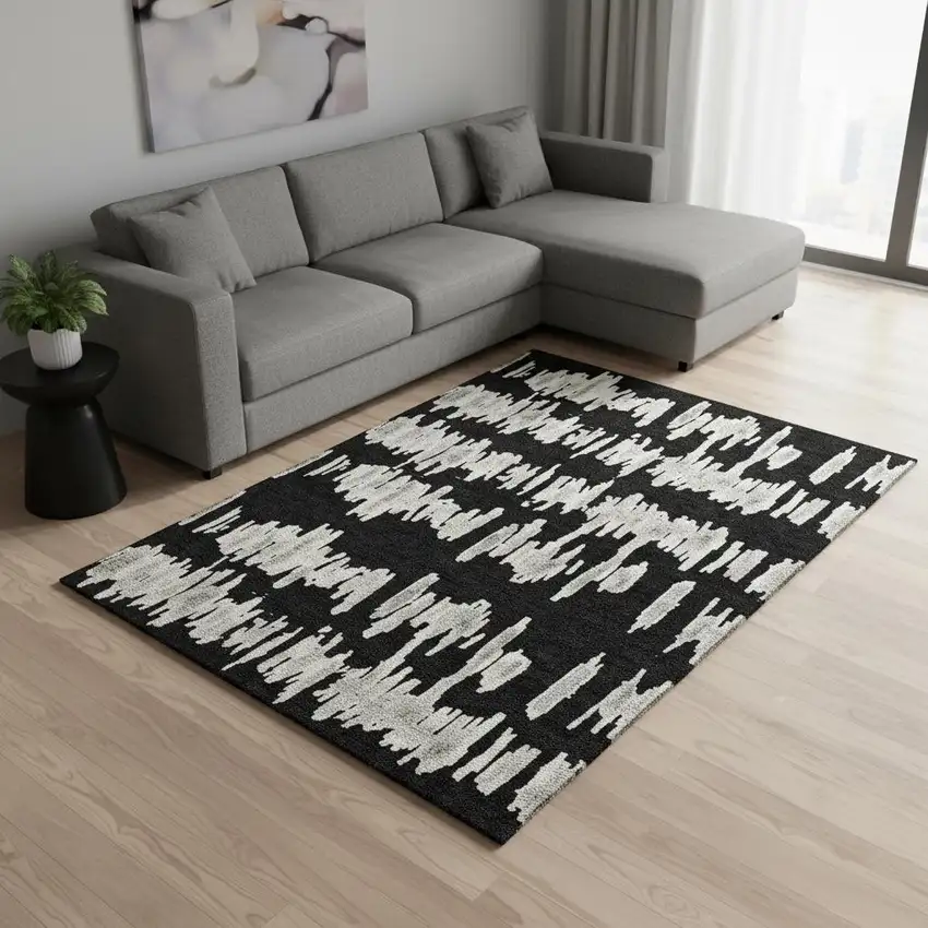Black And Ivory Striped Washable Area Rug With UV Protection Photo 2