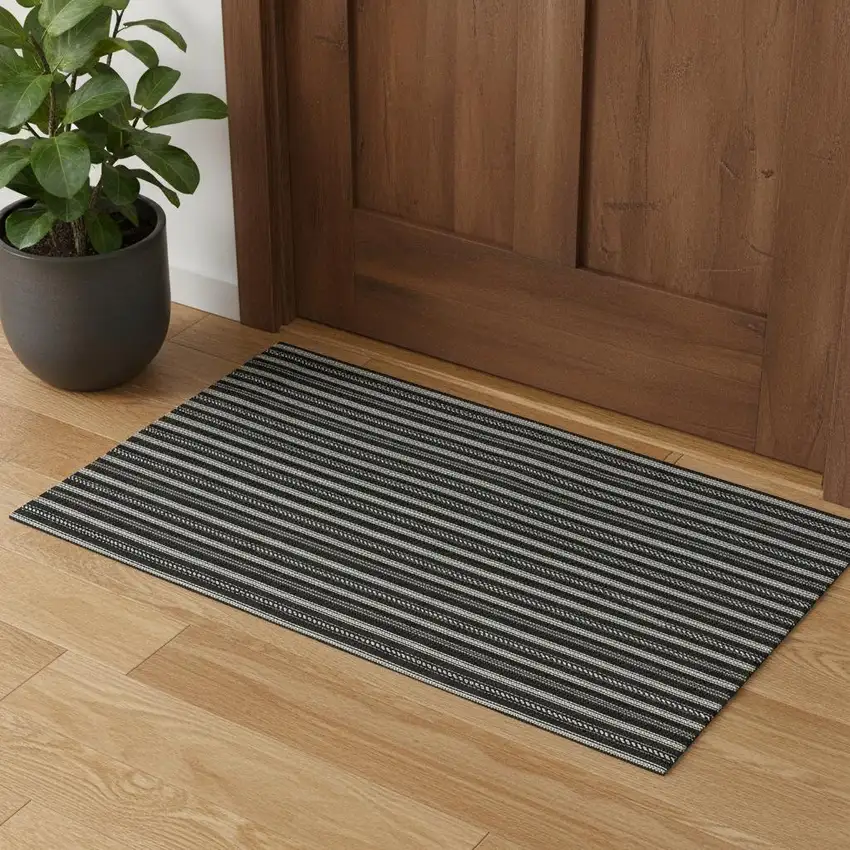 Black And Ivory Striped Washable Area Rug With UV Protection Photo 1