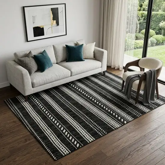 Black And Ivory Striped Washable Area Rug With UV Protection Photo 1