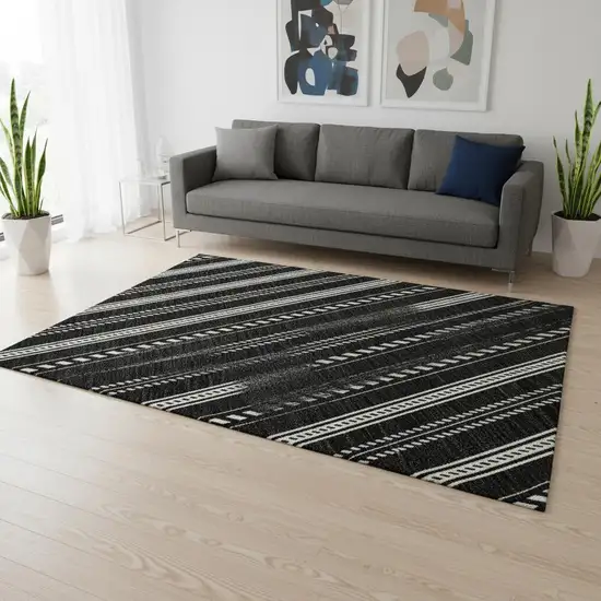 Black And Ivory Striped Washable Area Rug With UV Protection Photo 2