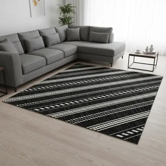 Black And Ivory Striped Washable Area Rug With UV Protection Photo 2