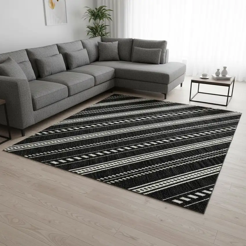 Black And Ivory Striped Washable Area Rug With UV Protection Photo 2