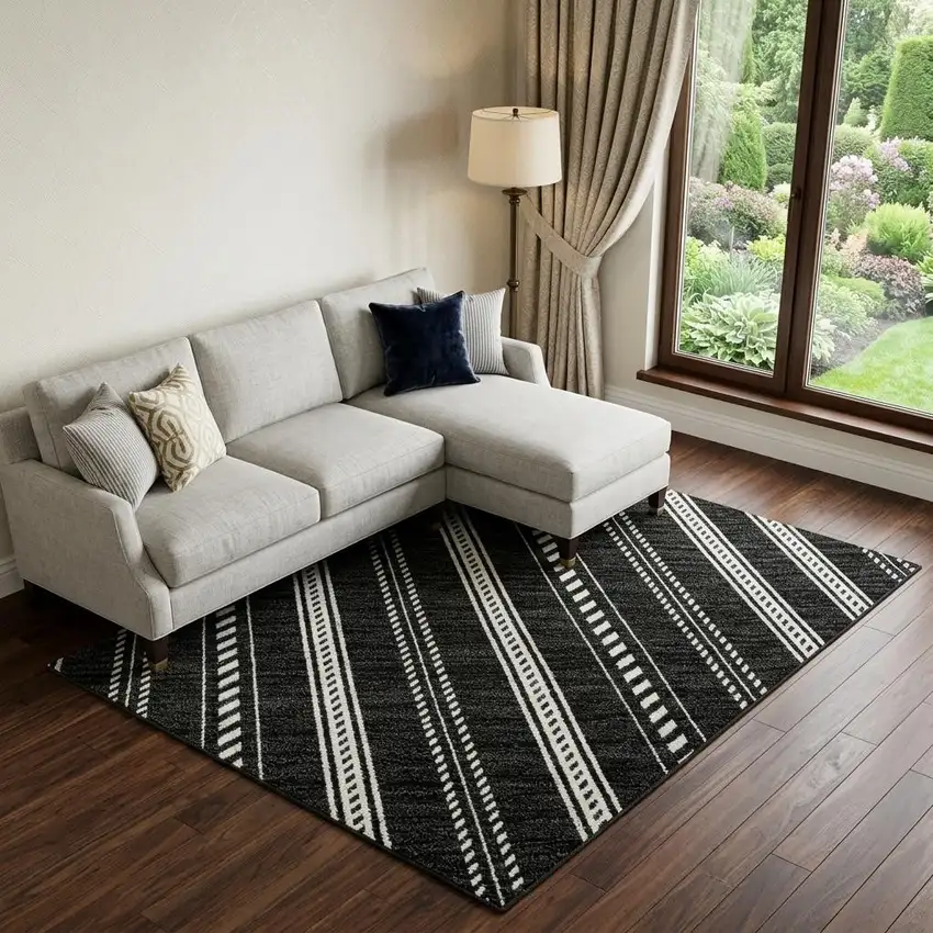 Black And Ivory Striped Washable Area Rug With UV Protection Photo 1