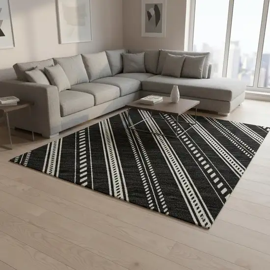 Black And Ivory Striped Washable Area Rug With UV Protection Photo 2
