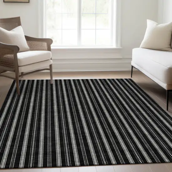 Black And Ivory Striped Washable Area Rug With UV Protection Photo 5