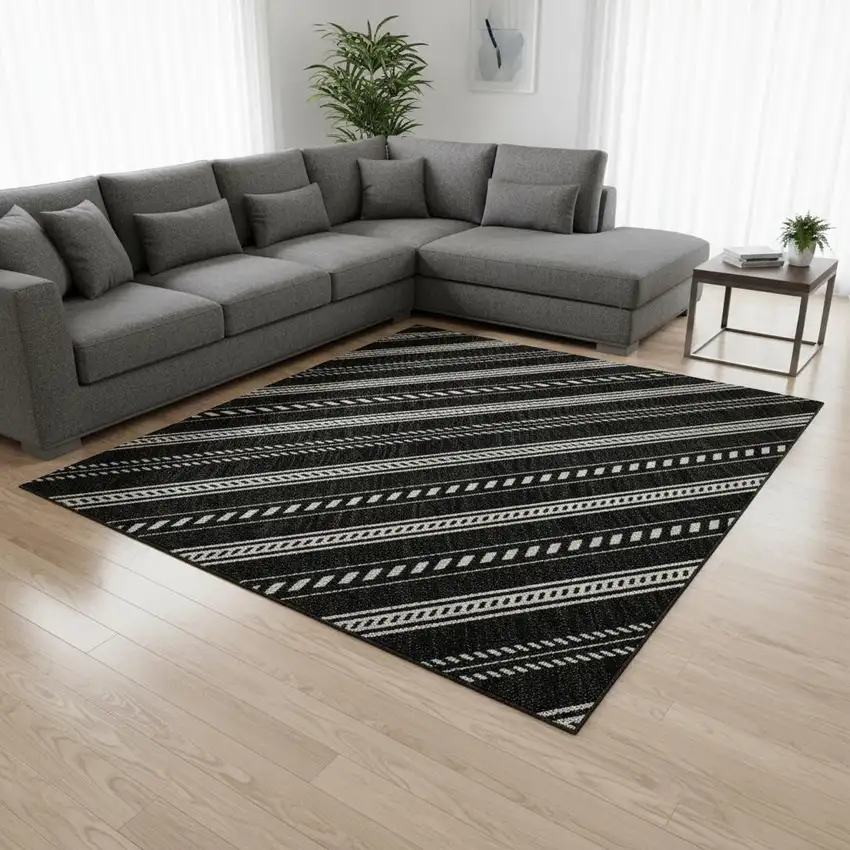 Black And Ivory Striped Washable Area Rug With UV Protection Photo 2