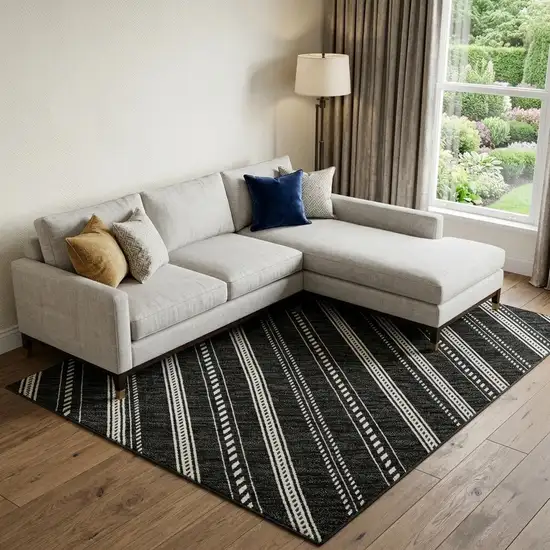 Black And Ivory Striped Washable Area Rug With UV Protection Photo 1