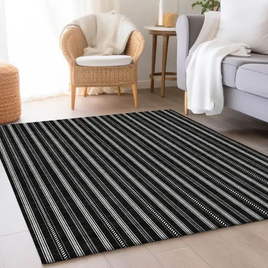 Black And Ivory Striped Washable Area Rug With UV Protection Photo 4