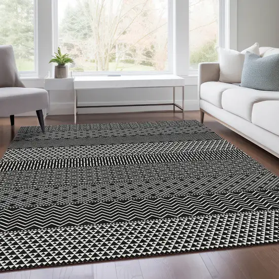 Black And Ivory Striped Washable Area Rug With UV Protection Photo 5