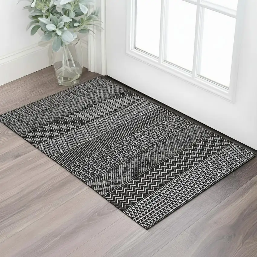 Black And Ivory Striped Washable Area Rug With UV Protection Photo 1