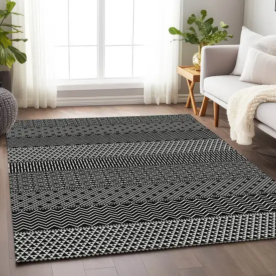 Black And Ivory Striped Washable Area Rug With UV Protection Photo 4
