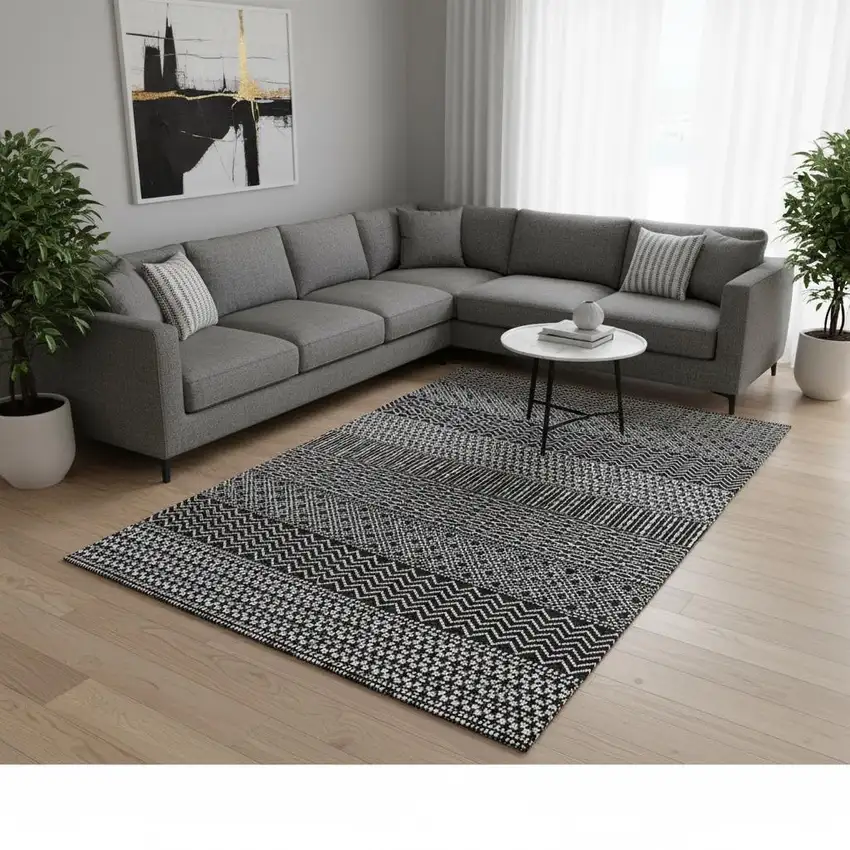 Black And Ivory Striped Washable Area Rug With UV Protection Photo 2