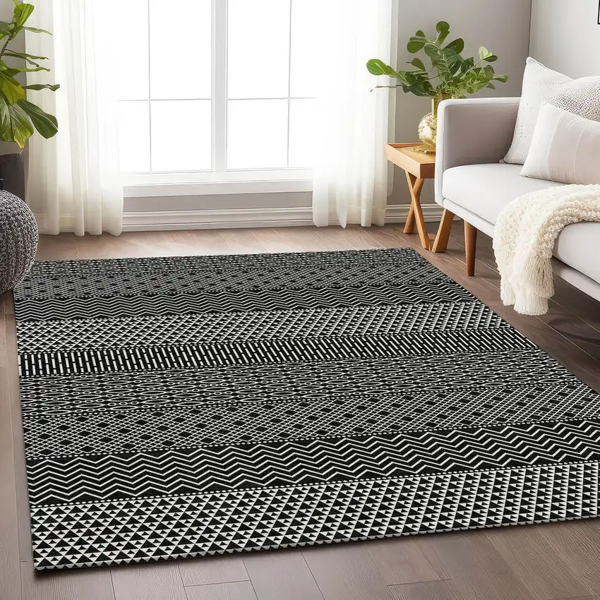 Black And Ivory Striped Washable Area Rug With UV Protection Photo 4