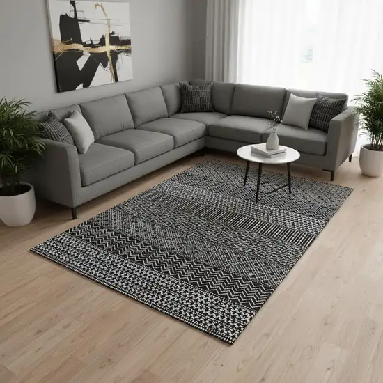 Black And Ivory Striped Washable Area Rug With UV Protection Photo 2