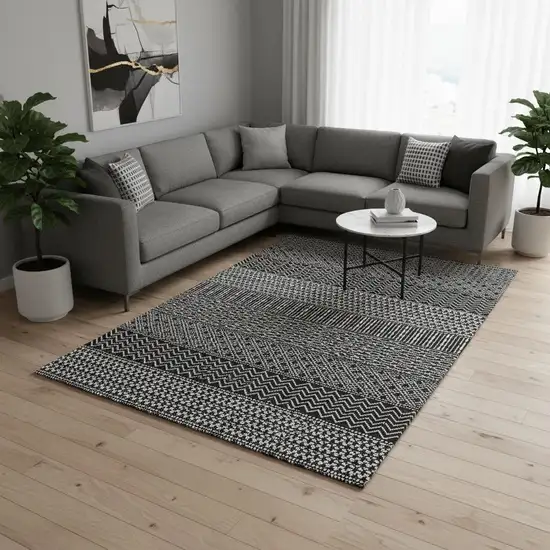 Black And Ivory Striped Washable Area Rug With UV Protection Photo 2