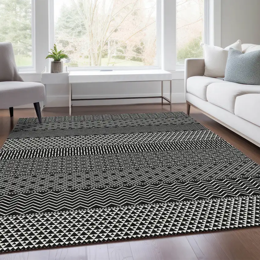 Black And Ivory Striped Washable Area Rug With UV Protection Photo 5