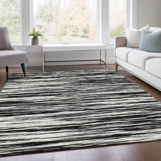 Black And Ivory Striped Washable Area Rug With UV Protection Photo 6