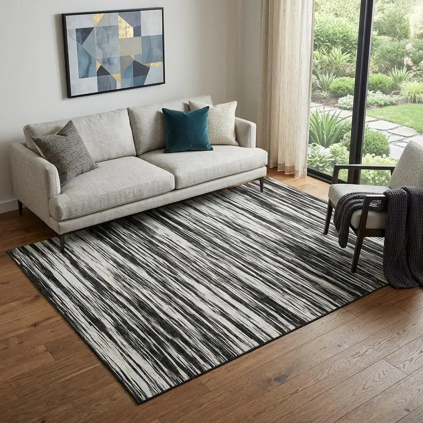 Black And Ivory Striped Washable Area Rug With UV Protection Photo 1