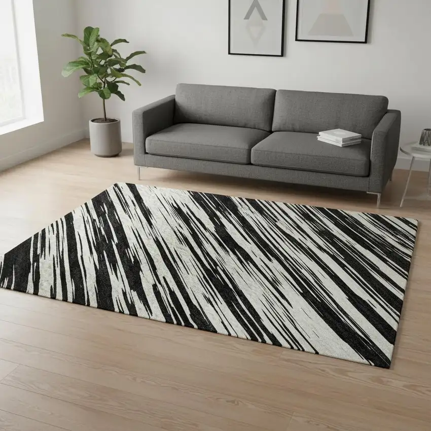 Black And Ivory Striped Washable Area Rug With UV Protection Photo 2
