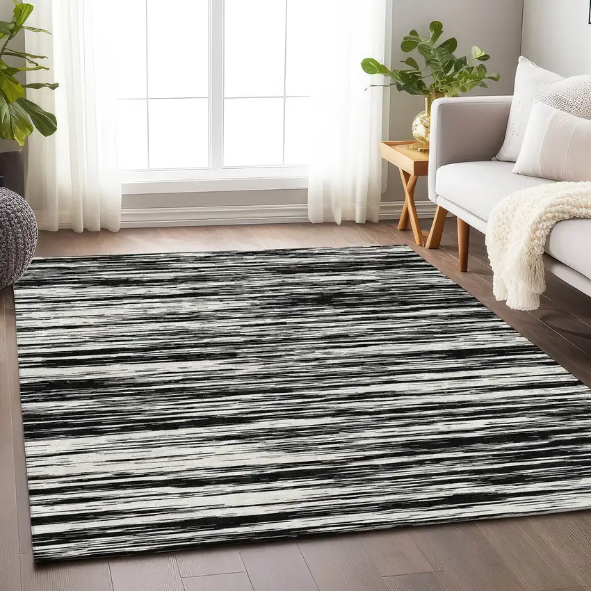 Black And Ivory Striped Washable Area Rug With UV Protection Photo 4