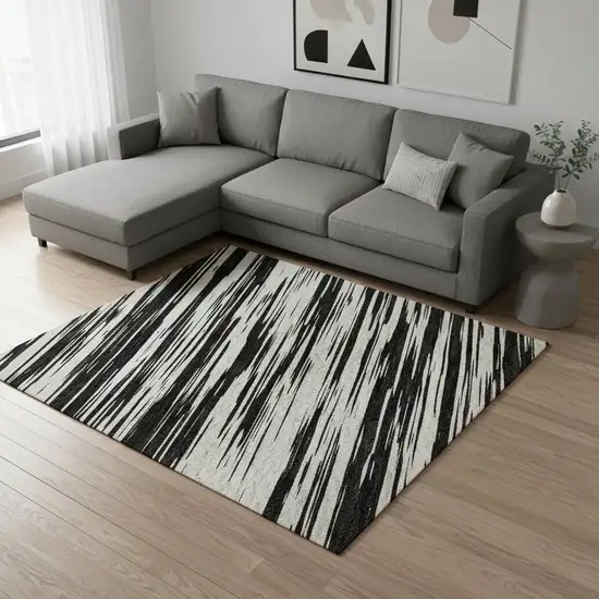 Black And Ivory Striped Washable Area Rug With UV Protection Photo 2