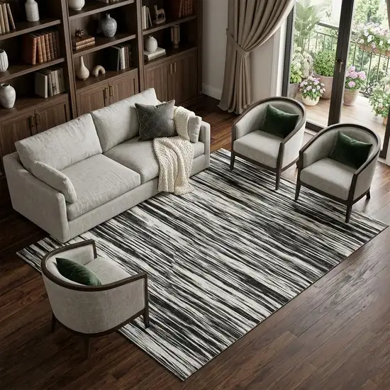 Black And Ivory Striped Washable Area Rug With UV Protection Photo 1