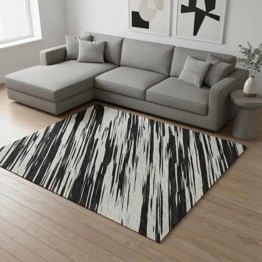 Black And Ivory Striped Washable Area Rug With UV Protection Photo 2