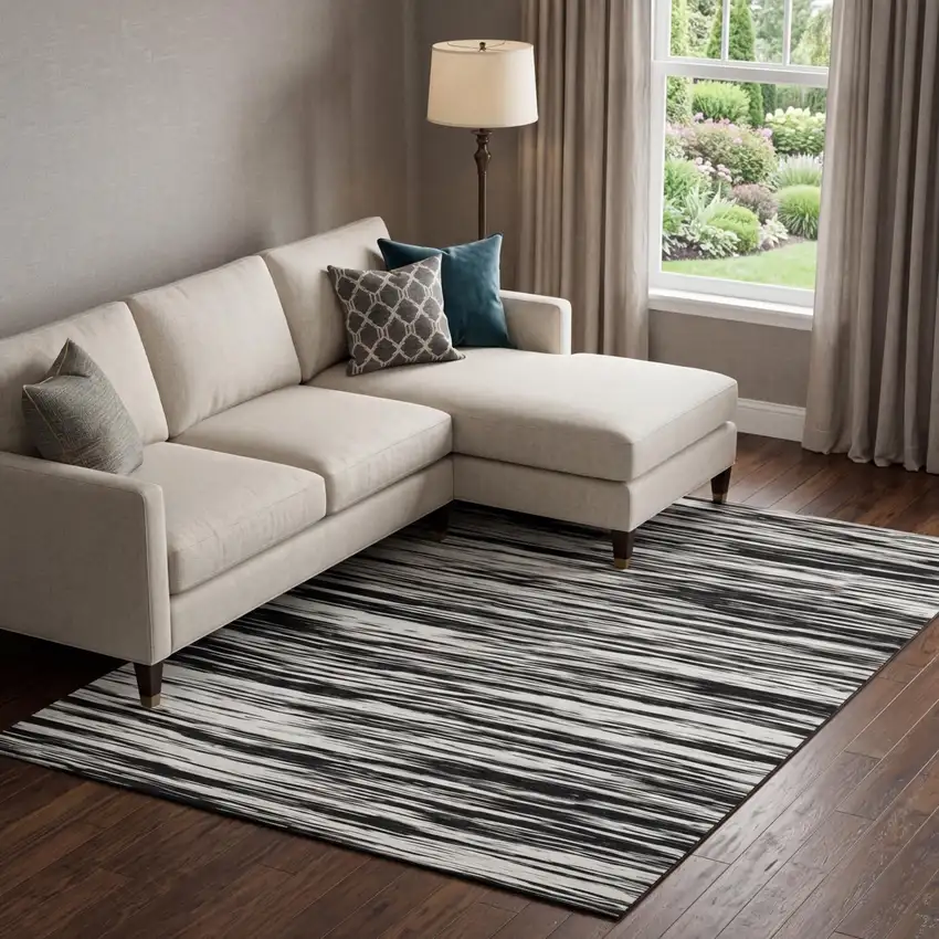 Black And Ivory Striped Washable Area Rug With UV Protection Photo 1