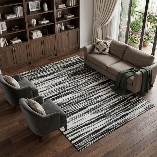 Black And Ivory Striped Washable Area Rug With UV Protection Photo 1