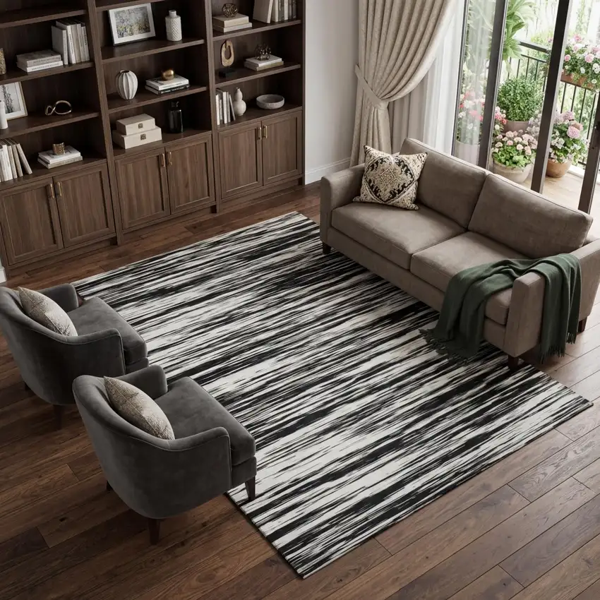 Black And Ivory Striped Washable Area Rug With UV Protection Photo 1