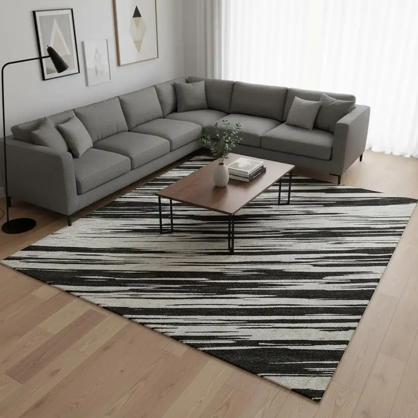 Black And Ivory Striped Washable Area Rug With UV Protection Photo 2