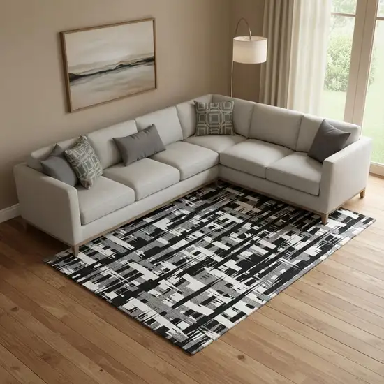 Black And Ivory Striped Washable Area Rug With UV Protection Photo 2