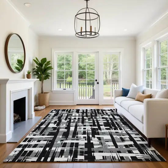Black And Ivory Striped Washable Area Rug With UV Protection Photo 5