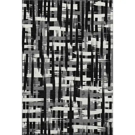 Black And Ivory Striped Washable Area Rug With UV Protection Photo 1