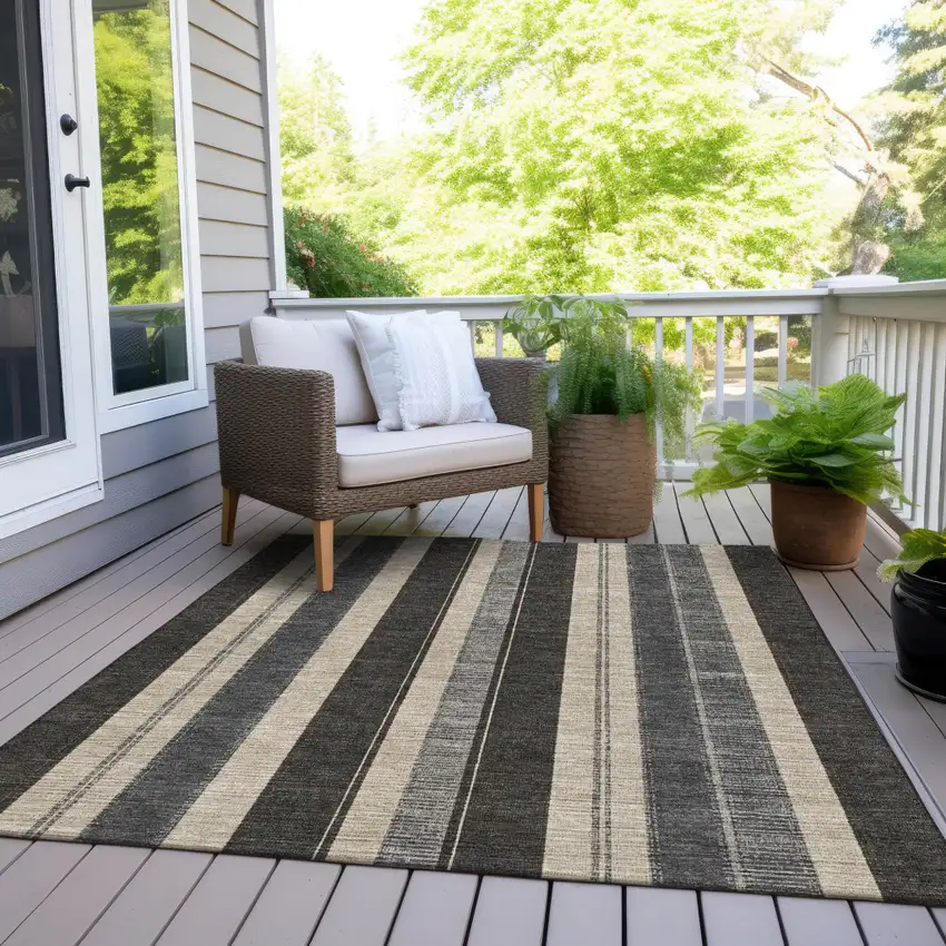 Black And Ivory Striped Washable Indoor Outdoor Area Rug Photo 9