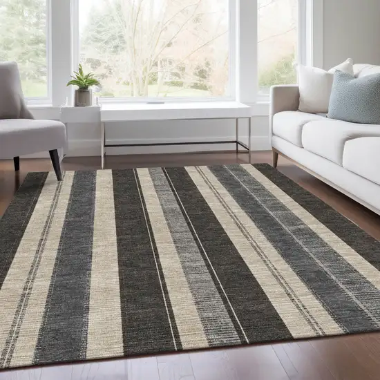 Black And Ivory Striped Washable Indoor Outdoor Area Rug Photo 8