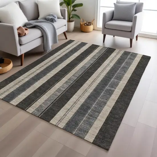 Black And Ivory Striped Washable Indoor Outdoor Area Rug Photo 7