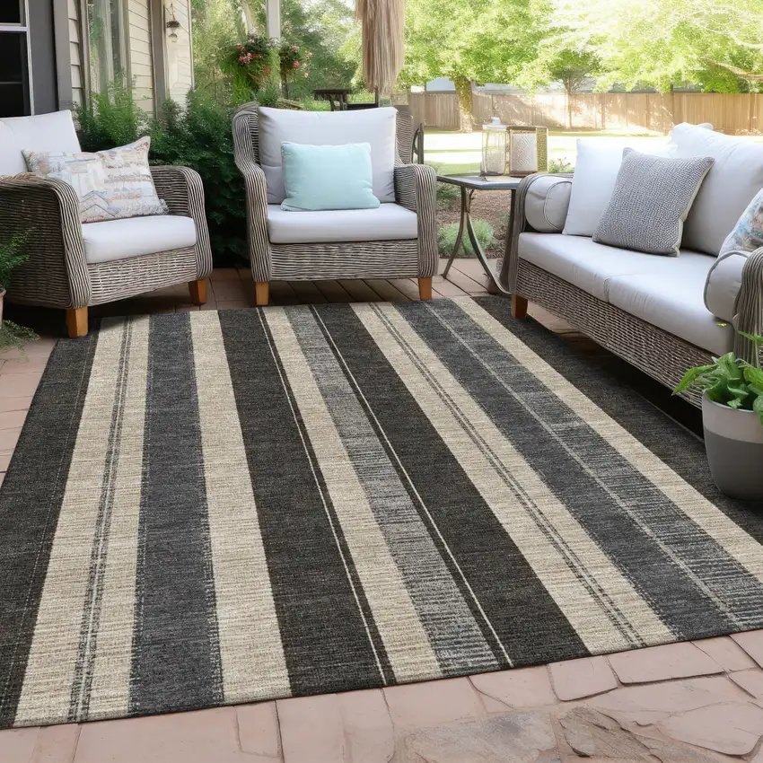 Black And Ivory Striped Washable Indoor Outdoor Area Rug Photo 6