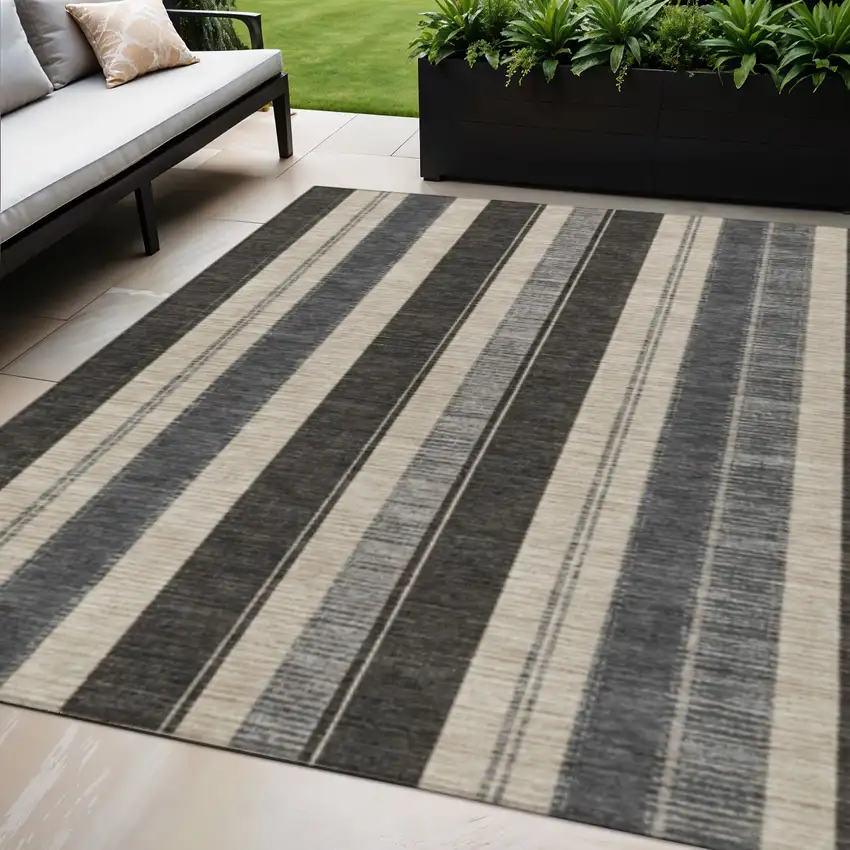Black And Ivory Striped Washable Indoor Outdoor Area Rug Photo 2