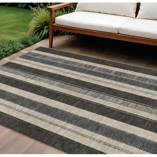 Black And Ivory Striped Washable Indoor Outdoor Area Rug Photo 2