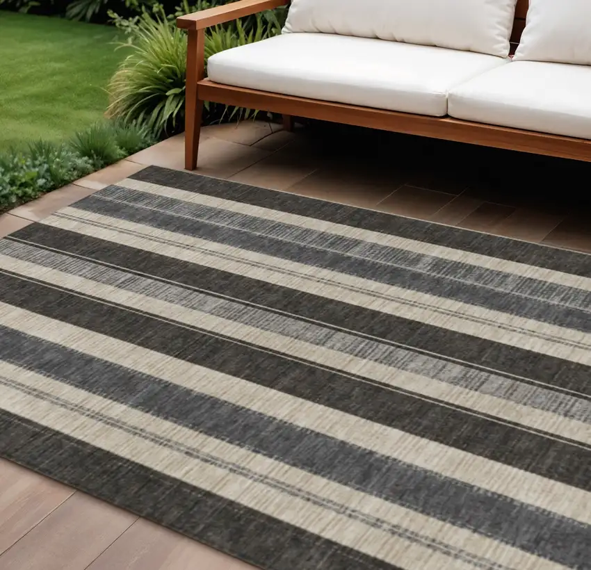 Black And Ivory Striped Washable Indoor Outdoor Area Rug Photo 2