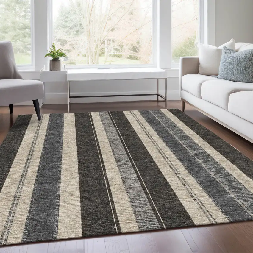 Black And Ivory Striped Washable Indoor Outdoor Area Rug Photo 8