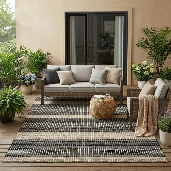 Black And Ivory Striped Washable Indoor Outdoor Area Rug Photo 1