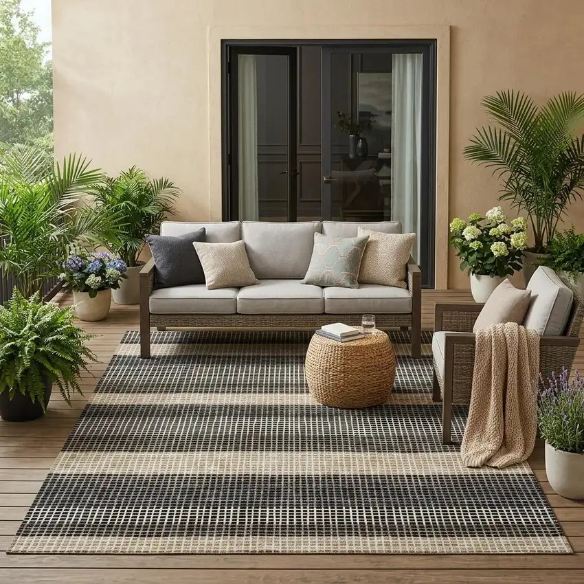 Black And Ivory Striped Washable Indoor Outdoor Area Rug Photo 1
