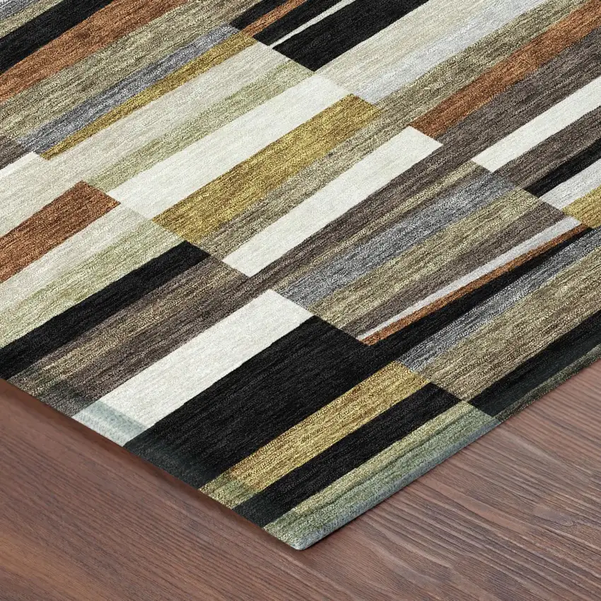 Black And Ivory Striped Washable Indoor Outdoor Area Rug Photo 2