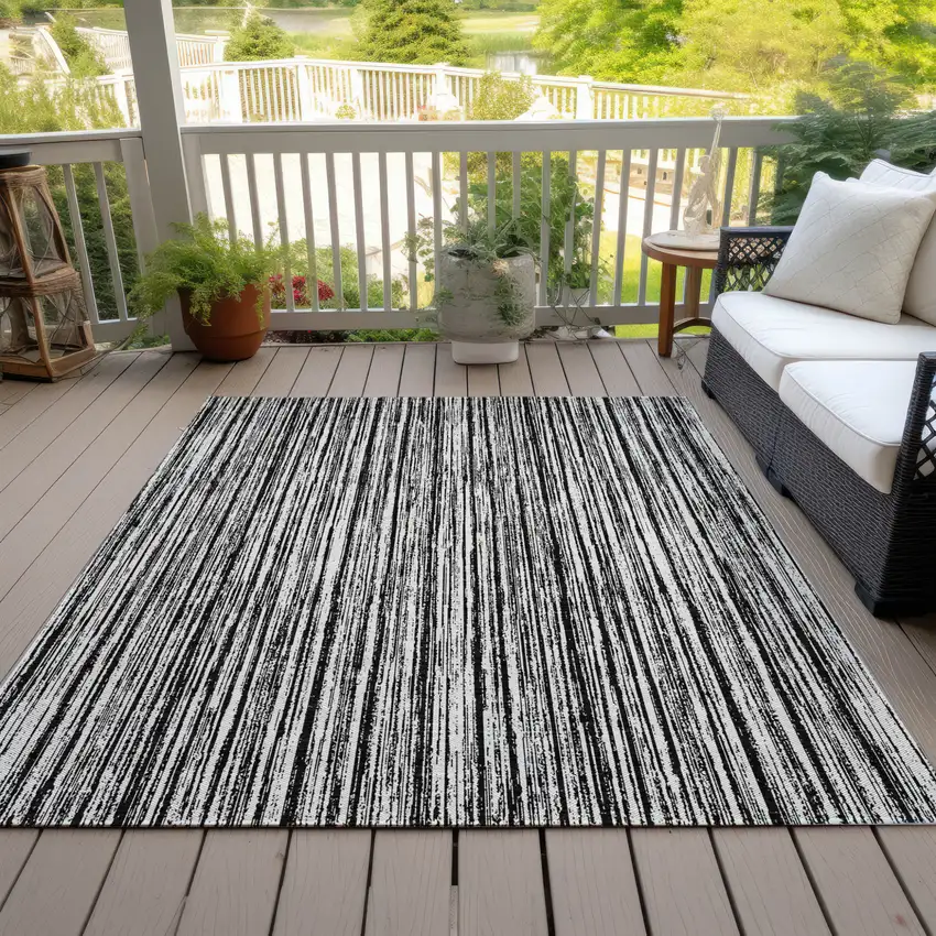 Black And Ivory Striped Washable Indoor Outdoor Area Rug Photo 7