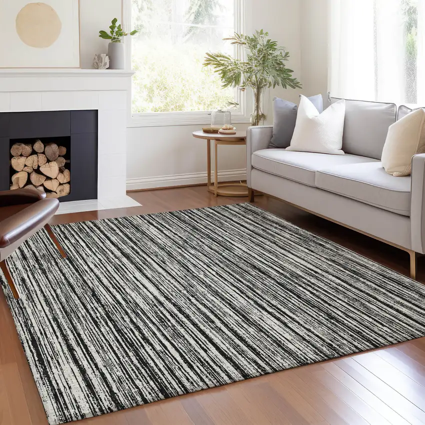 Black And Ivory Striped Washable Indoor Outdoor Area Rug Photo 7